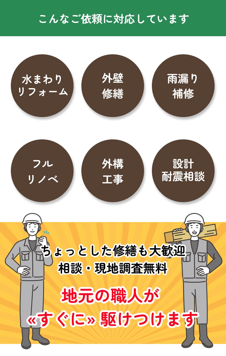 こんなご依頼に対応しています。・水まわりリフォーム・外壁修繕・雨漏り補修・フルリノベ・外構工事・設計耐震相談　ちょっとした修繕も大歓迎 相談・現地調査無料 地元の職人が«すぐに» 駆けつけます